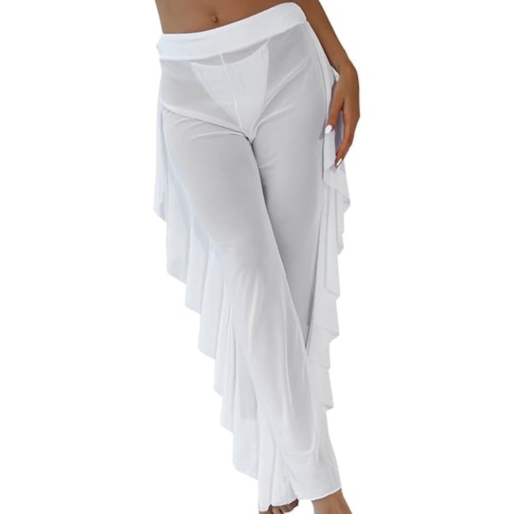 BECCA Sexy Ruffle Sheer Mesh Bikini Swimsuit Beach Cover Up Pants White Sz Small